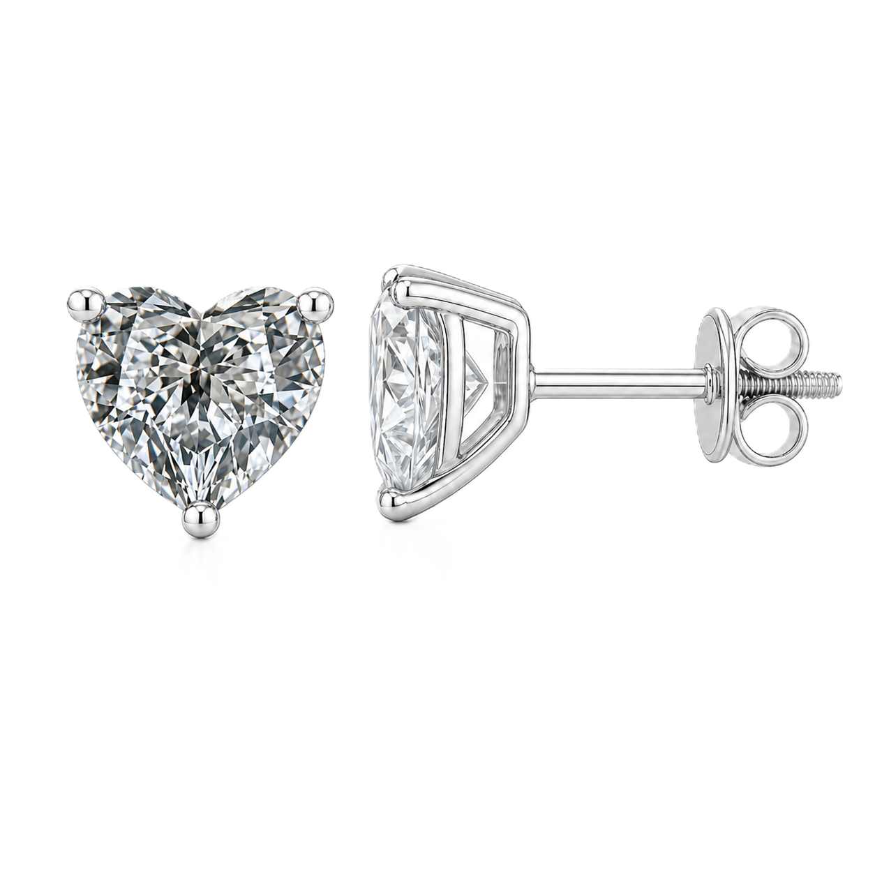 Heart moissanite stud earrings, 7 mm heart, set in white gold-plated 925 silver. Brilliant sparkle, secure screw-back, hypoallergenic. Available now at BSI Jewelry.