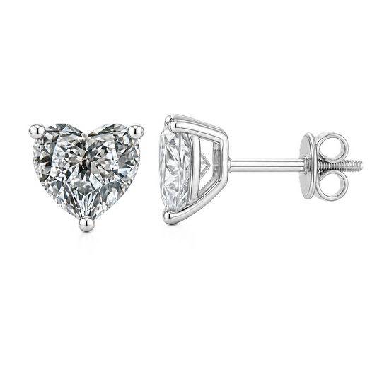 Heart moissanite stud earrings, 7 mm heart, set in white gold-plated 925 silver. Brilliant sparkle, secure screw-back, hypoallergenic. Available now at BSI Jewelry.