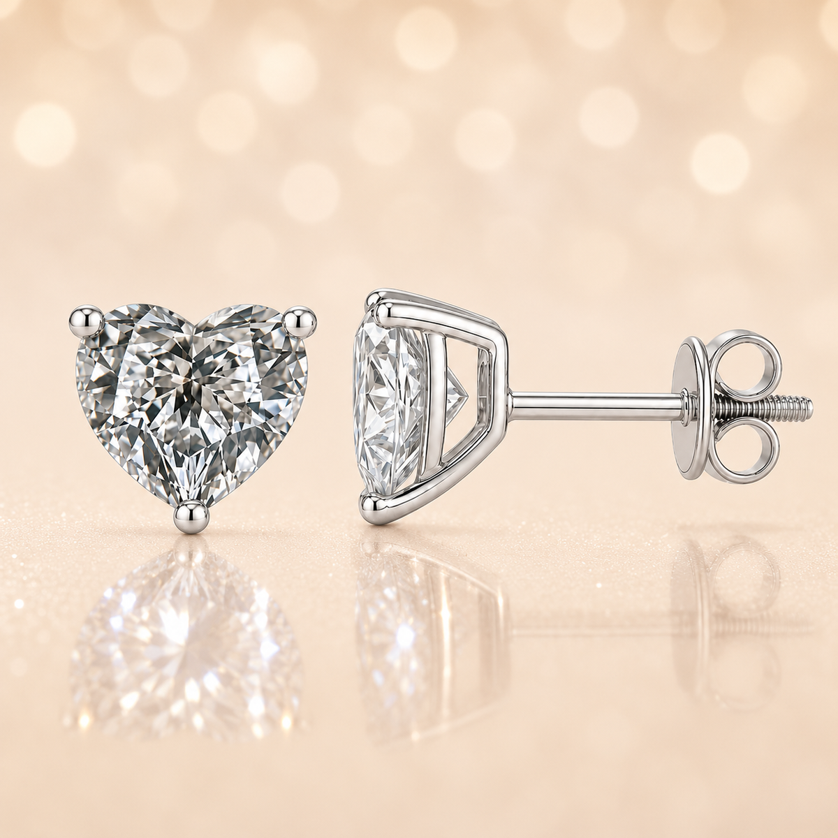 Heart moissanite stud earrings, 7 mm heart, set in white gold-plated 925 silver. Brilliant sparkle, secure screw-back, hypoallergenic. Available now at BSI Jewelry.