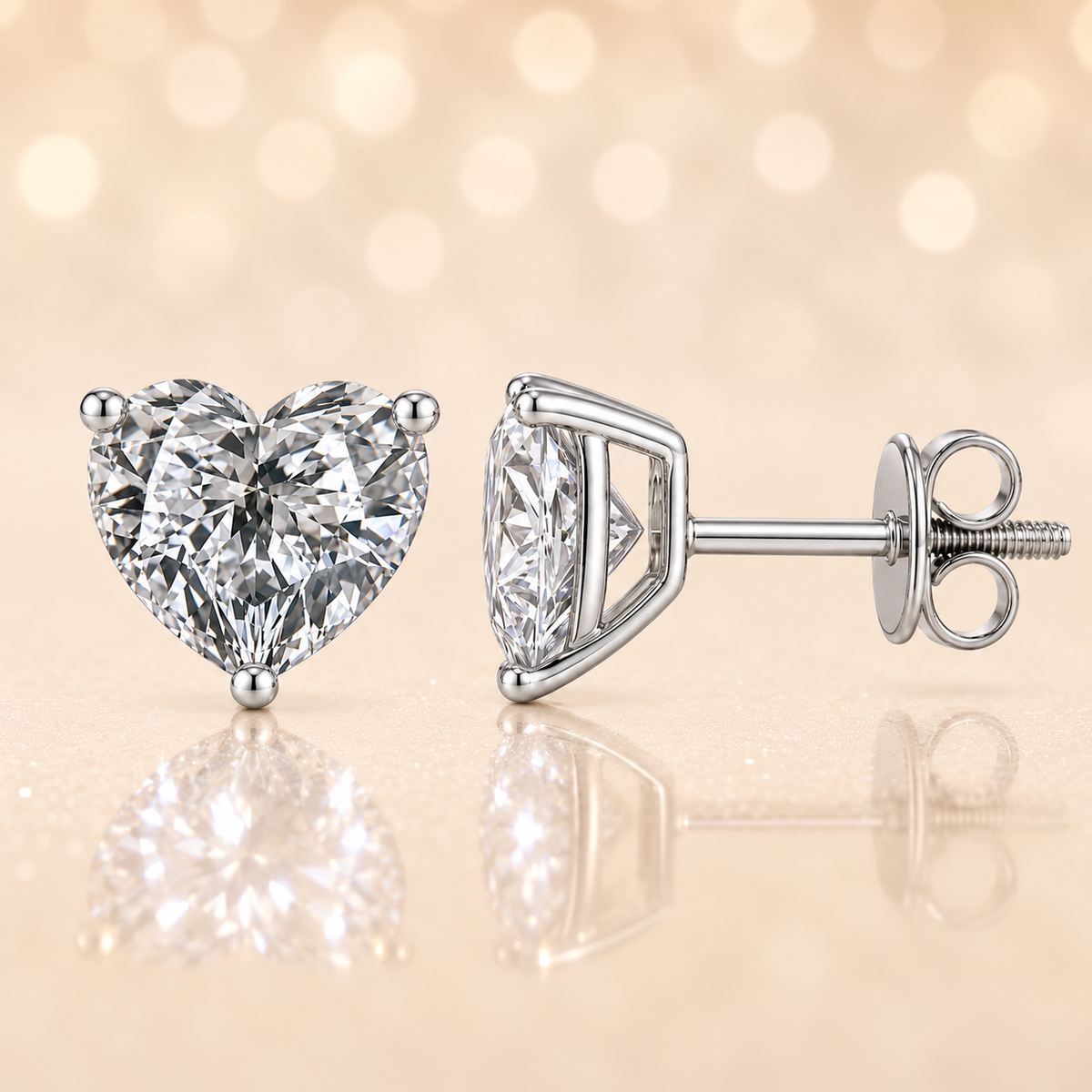Heart moissanite stud earrings, 8 mm heart, set in white gold-plated 925 silver. Brilliant sparkle, secure screw-back, hypoallergenic. Available now at BSI Jewelry.
