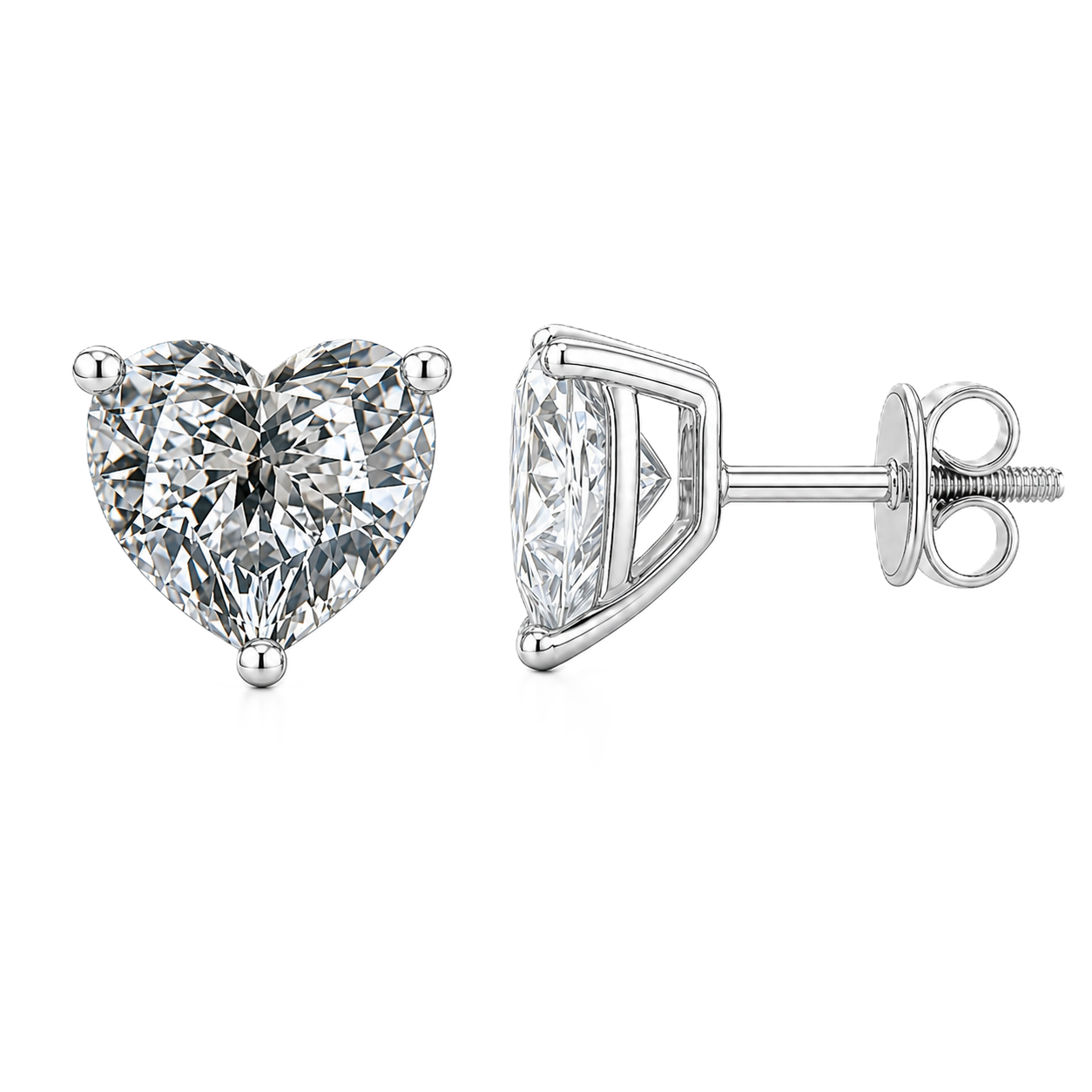 Heart moissanite stud earrings, 9 mm heart, set in white gold-plated 925 silver. Brilliant sparkle, secure screw-back, hypoallergenic. Available now at BSI Jewelry.
