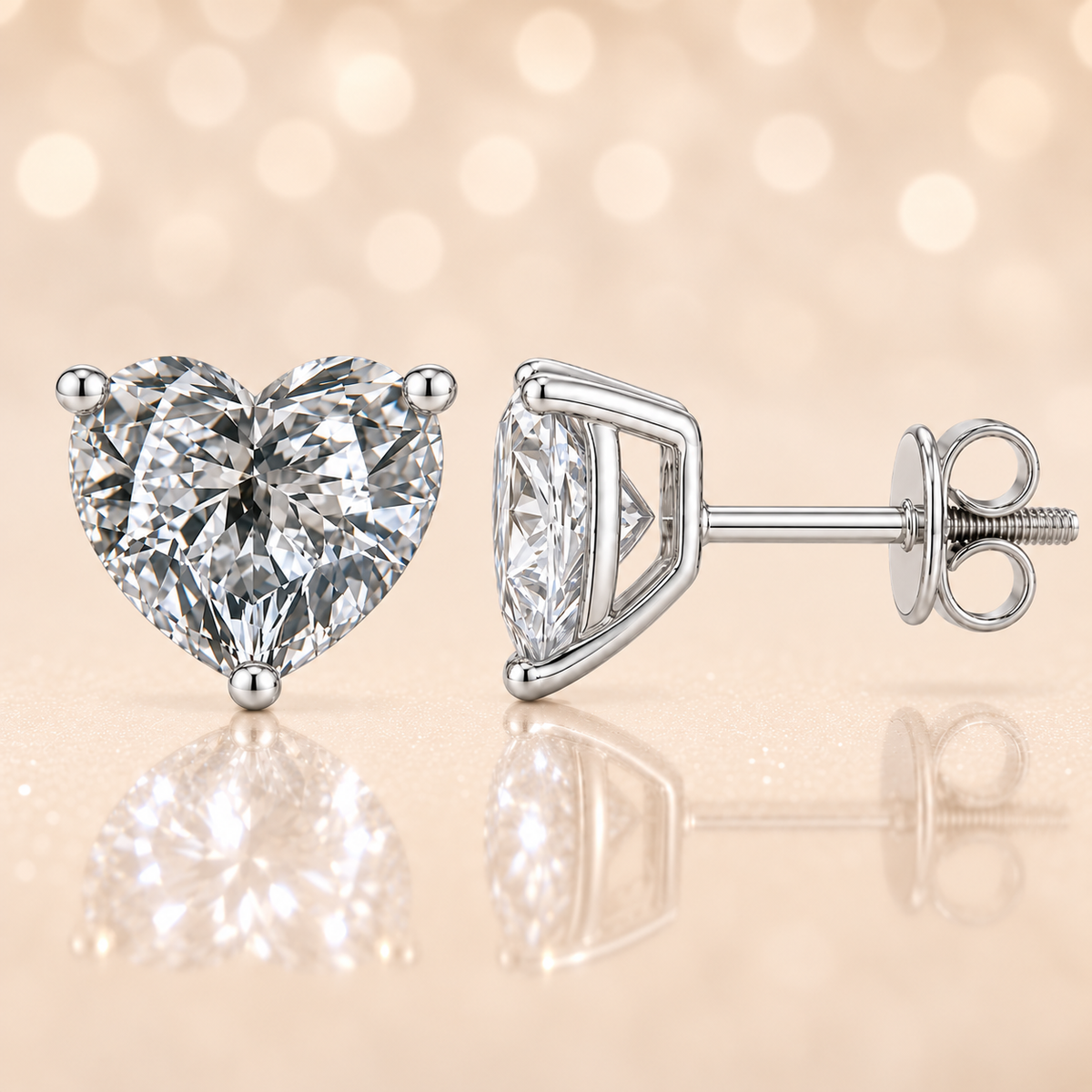 Heart moissanite stud earrings, 9 mm heart, set in white gold-plated 925 silver. Brilliant sparkle, secure screw-back, hypoallergenic. Available now at BSI Jewelry.