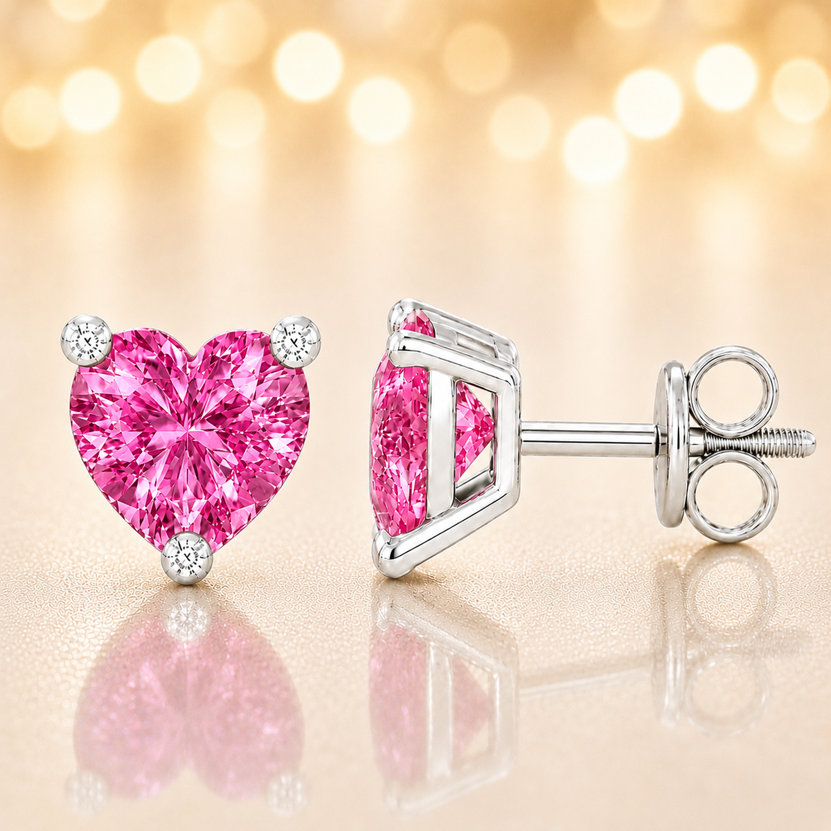 Heart pink sapphire stud earrings, 5 mm heart, crafted in white gold-plated 925 silver. Soft and elegant for daily wear. Available now at BSI Jewelry.