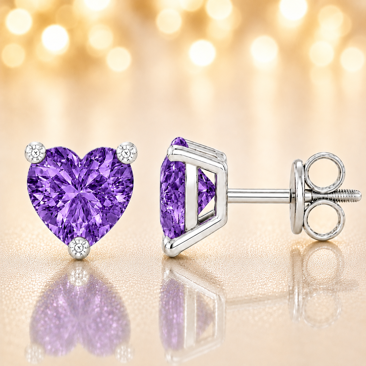 Heart purple sapphire stud earrings, 5 mm heart, crafted in white gold-plated 925 silver. Elegant and radiant for daily wear. Available now at BSI Jewelry.