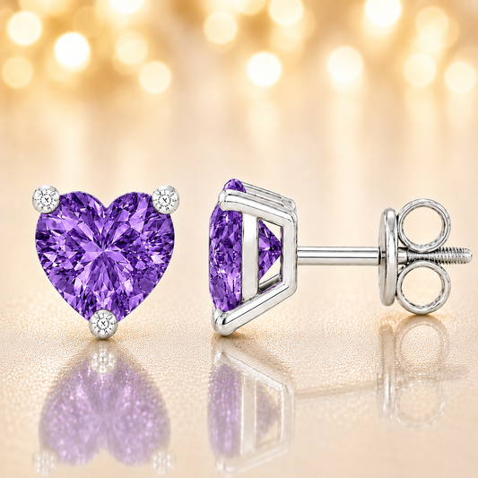 Heart purple sapphire stud earrings, 5 mm heart, crafted in white gold-plated 925 silver. Elegant and radiant for daily wear. Available now at BSI Jewelry.
