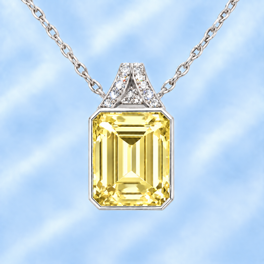 Lemon quartz pendant with a 12×10 mm emerald-cut gemstone in white gold-plated 925 silver. Bright, elegant, and radiant for daily wear. Available at BSI Jewelry.