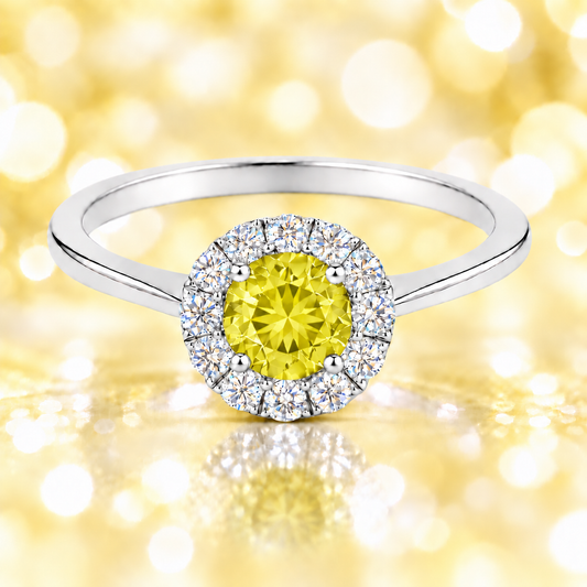 Lemon quartz ring with a 4.50 mm round-cut stone in white gold-plated 925 silver, accented with moissanite for bright elegance. Available now at BSI Jewelry.