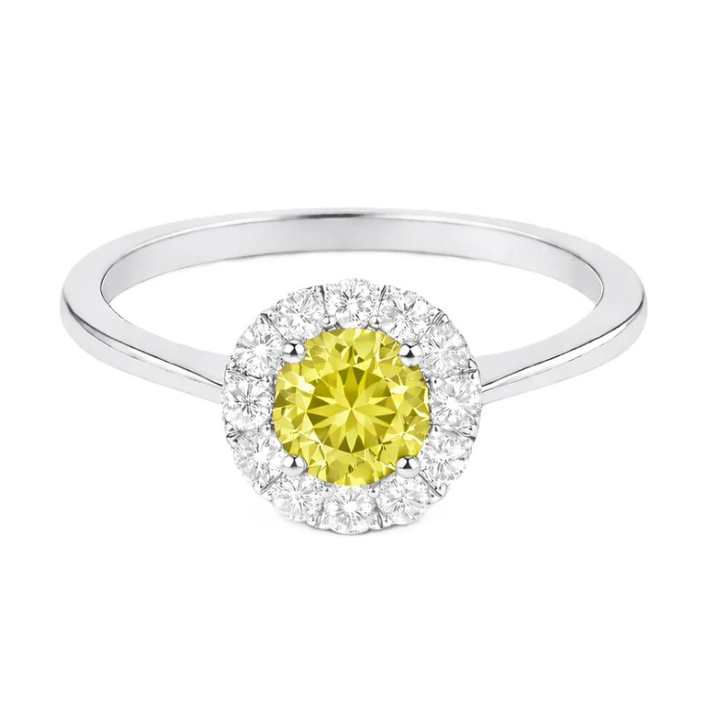 Lemon quartz ring with a 4.50 mm round-cut stone in white gold-plated 925 silver, accented with moissanite for bright elegance. Available now at BSI Jewelry.