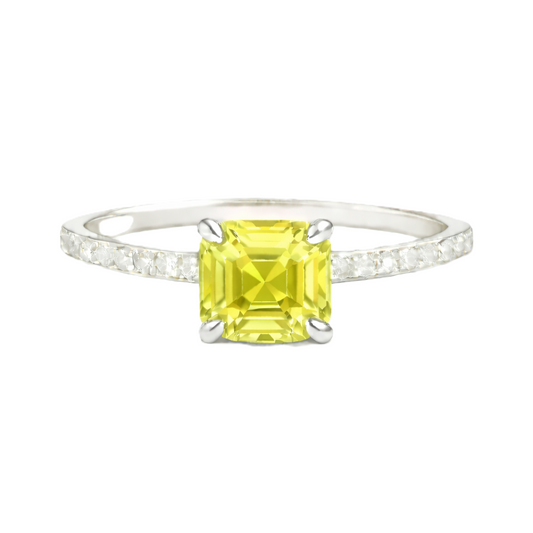 Lemon quartz ring with a 6 mm Asscher-cut in white gold-plated 925 silver, accented with moissanite and radiant yellow brilliance. Available now at BSI Jewelry.