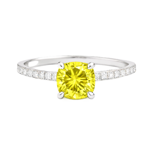 Lemon quartz ring with a 6 mm cushion in white gold-plated 925 silver, accented with moissanite. Fresh and elegant for daily wear. Available now at BSI Jewelry.
