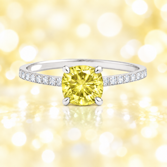 Lemon quartz ring with a 6 mm cushion in white gold-plated 925 silver, accented with moissanite. Fresh and elegant for daily wear. Available now at BSI Jewelry.
