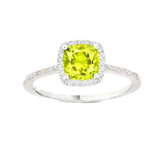 Lemon quartz ring with a 6 mm cushion-cut center in white gold-plated 925 silver, accented with moissanite for refined sparkle. Available now at BSI Jewelry.