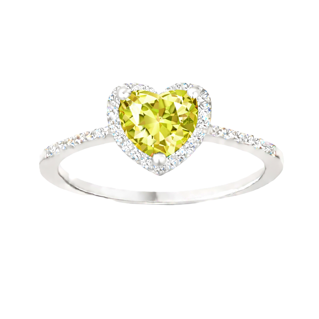 Lemon quartz ring with a 6 mm heart cut, crafted in white gold-plated 925 silver and accented with moissanite. Available now at BSI Jewelry.