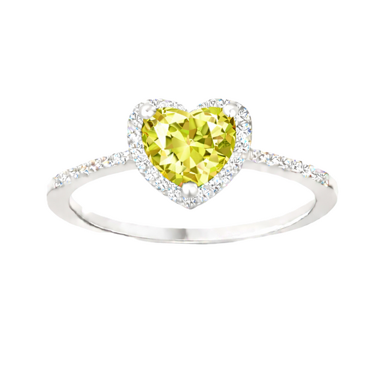 Lemon quartz ring with a 6 mm heart cut, crafted in white gold-plated 925 silver and accented with moissanite. Available now at BSI Jewelry.