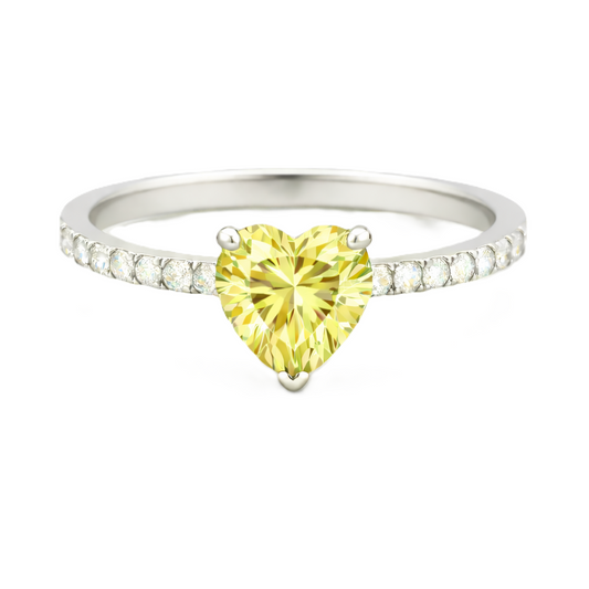 Lemon quartz ring with a 6 mm heart in white gold-plated 925 silver, with moissanite. Romantic and elegant for daily wear. Available now at BSI Jewelry.