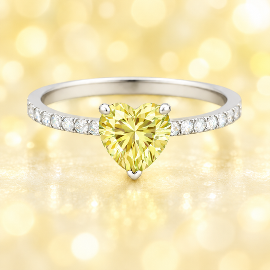 Lemon quartz ring with a 6 mm heart in white gold-plated 925 silver, with moissanite. Romantic and elegant for daily wear. Available now at BSI Jewelry.