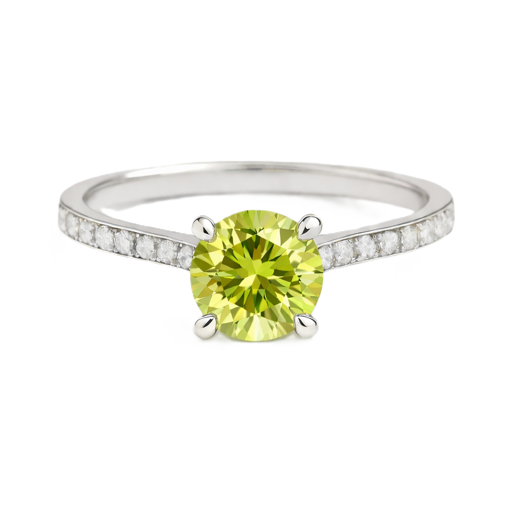 Lemon quartz ring with a 6 mm round-cut and moissanite accents, crafted in white gold-plated 925 silver. Elegant for daily wear. Available now at BSI Jewelry.