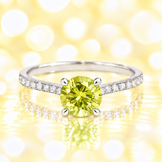 Lemon quartz ring with a 6 mm round-cut and moissanite accents, crafted in white gold-plated 925 silver. Elegant for daily wear. Available now at BSI Jewelry.