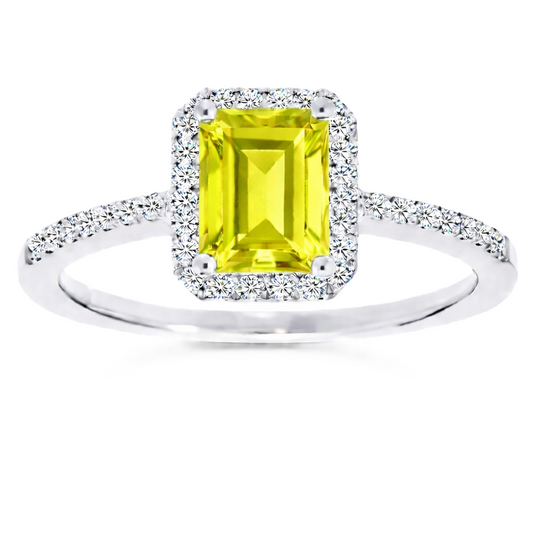 Lemon quartz ring with a 7×5 mm emerald cut, with moissanite in white gold-plated 925 silver. Elegant and timeless for daily wear. Available now at BSI Jewelry.