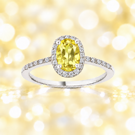 Lemon quartz ring with a 7×5 mm oval cut in white gold-plated 925 silver, with moissanite. Elegant and refined for daily wear. Available now at BSI Jewelry.