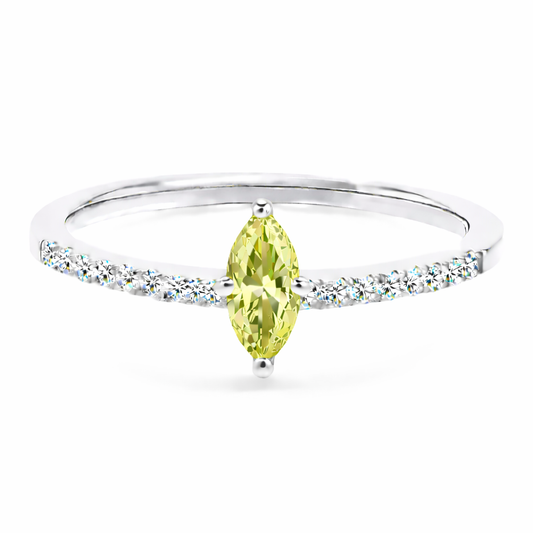 Lemon quartz ring with an 8×4 mm marquise-cut stone, accented by moissanite in white gold-plated 925 silver. Elegant and refined. Available now at BSI Jewelry.