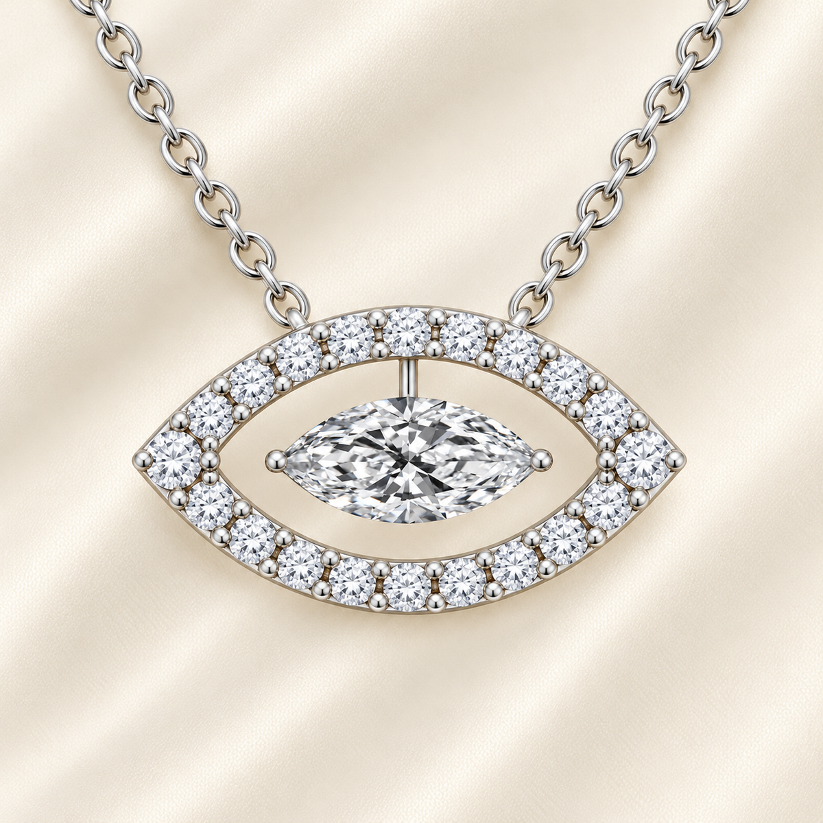 Marquise cut moissanite halo necklace featuring a horizontal 7 × 3.5 mm center stone surrounded by round brilliant moissanite in white gold-plated 925 silver, available at BSI Jewelry