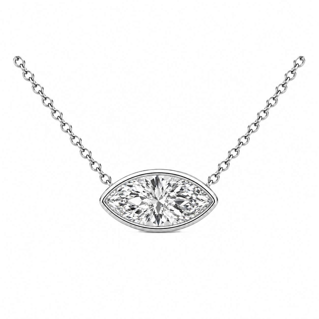 Marquise moissanite necklace, 14 x 7 mm marquise, set in white gold-plated 925 silver. Brilliant sparkle, hypoallergenic elegance. Available now at BSI Jewelry.