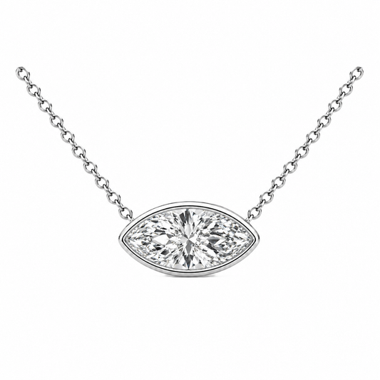 Marquise moissanite necklace, 14 x 7 mm marquise, set in white gold-plated 925 silver. Brilliant sparkle, hypoallergenic elegance. Available now at BSI Jewelry.