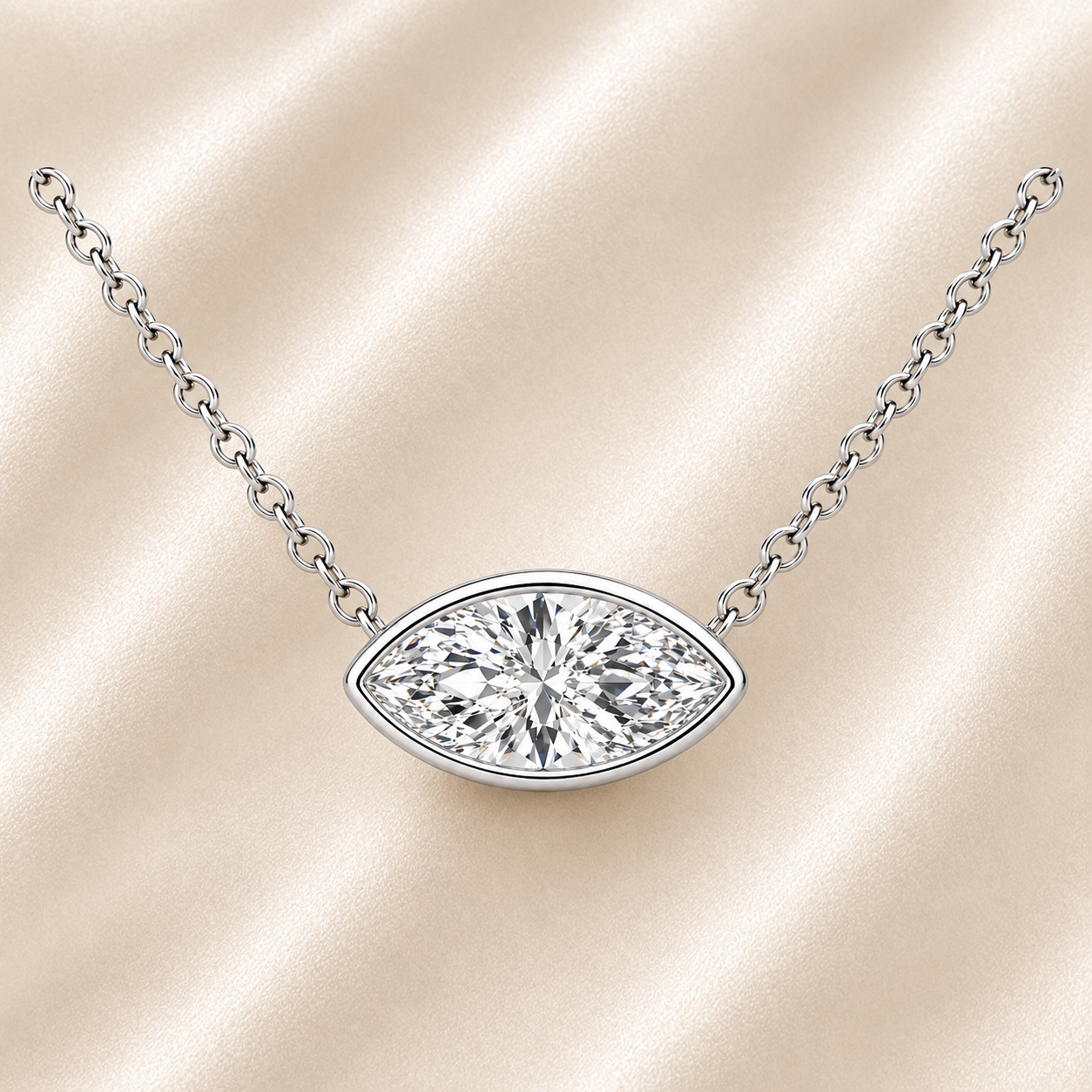 Marquise moissanite necklace, 14 x 7 mm marquise, set in white gold-plated 925 silver. Brilliant sparkle, hypoallergenic elegance. Available now at BSI Jewelry.