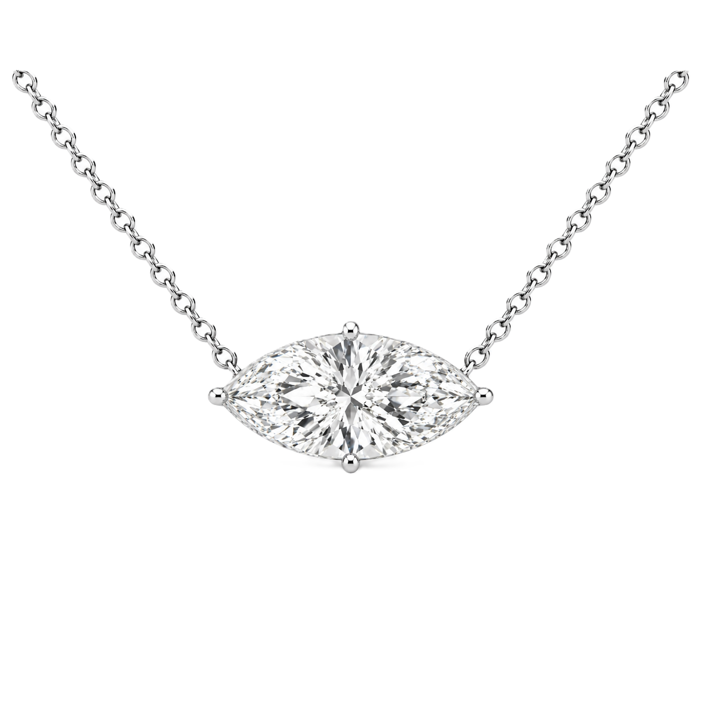 Marquise moissanite necklace, 14×7 mm, crafted in white gold-plated 925 silver. Hypoallergenic and elegant for daily wear. Available now at BSI Jewelry.