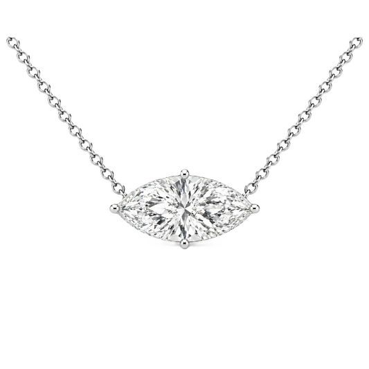 Marquise moissanite necklace, 14×7 mm, crafted in white gold-plated 925 silver. Hypoallergenic and elegant for daily wear. Available now at BSI Jewelry.