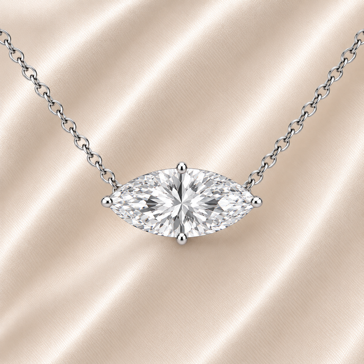 Marquise moissanite necklace, 14×7 mm, crafted in white gold-plated 925 silver. Hypoallergenic and elegant for daily wear. Available now at BSI Jewelry.