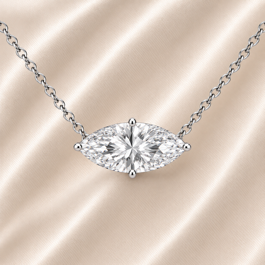 Marquise moissanite necklace, 14×7 mm, crafted in white gold-plated 925 silver. Hypoallergenic and elegant for daily wear. Available now at BSI Jewelry.