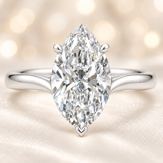 Marquise moissanite ring, 10×5 mm, crafted in white gold-plated 925 silver. Ideal as an elegant engagement ring or daily wear. Available now at BSI Jewelry.