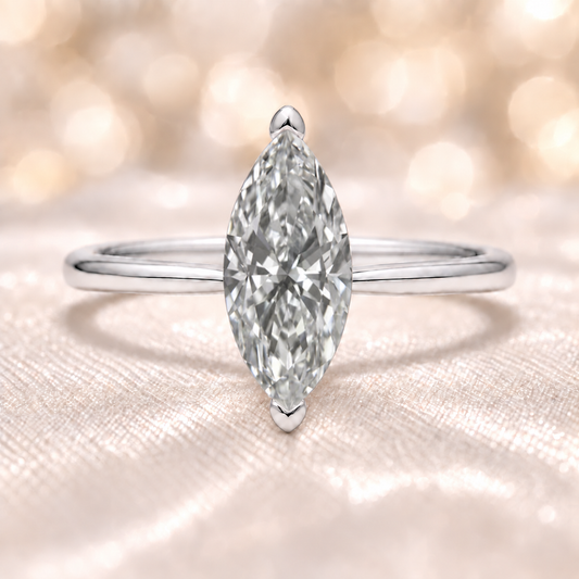 Marquise moissanite ring, 10×5 mm, crafted in white gold-plated 925 silver. Elegant, brilliant, and perfect for daily wear. Available now at BSI Jewelry.