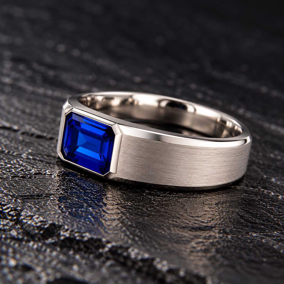 Shop men's Sapphire rings in hypoallergenic 925 Silver. Featuring a genuine 7 × 5 mm emerald-cut Sapphire in a full bezel setting by BSI Jewelry.