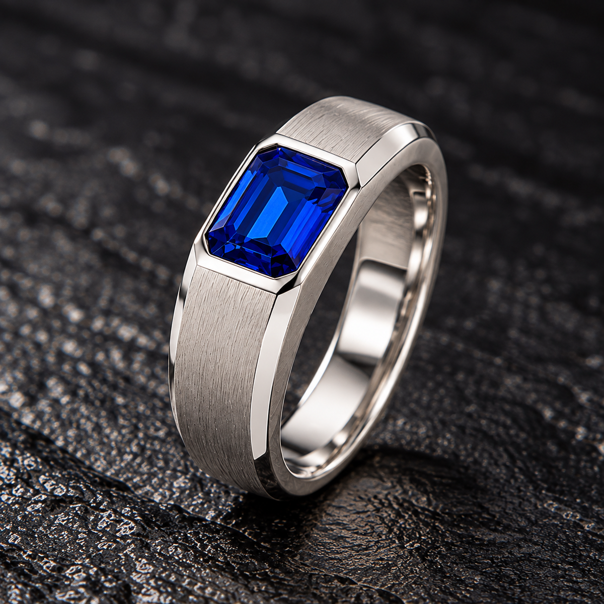 Shop men's Sapphire rings in hypoallergenic 925 Silver. Featuring a genuine 7 × 5 mm emerald-cut Sapphire in a full bezel setting by BSI Jewelry.