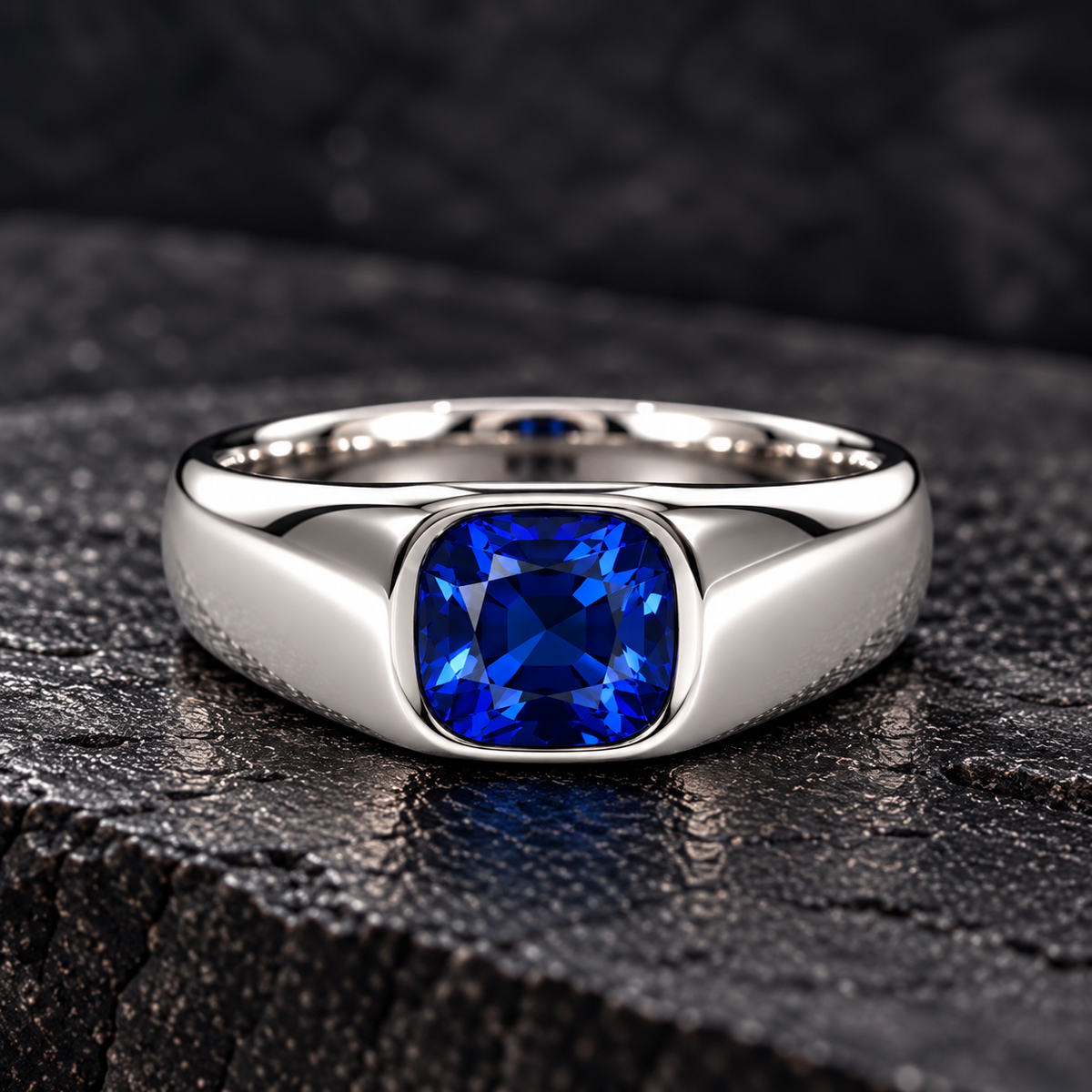 Men's 925 Silver ring with genuine 7 mm cushion-cut blue sapphire in a polished bezel setting, now at BSI Jewelry. 