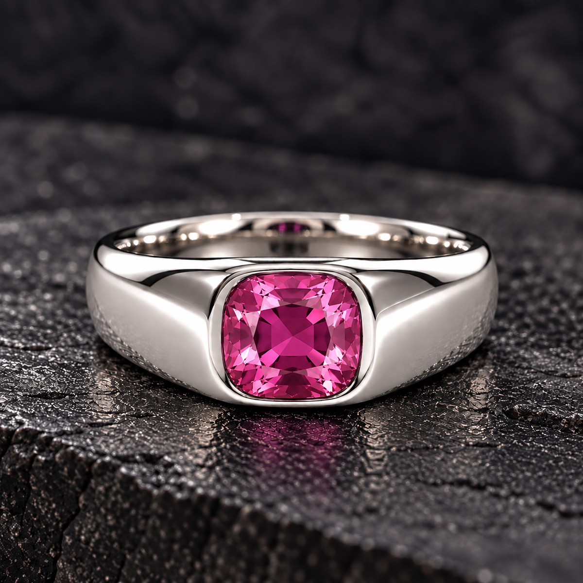 Men's 925 Silver ring with genuine 7 mm cushion-cut pink sapphire in a polished bezel setting, now at BSI Jewelry.