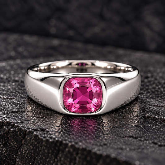 Men's 925 Silver ring with genuine 7 mm cushion-cut pink sapphire in a polished bezel setting, now at BSI Jewelry.
