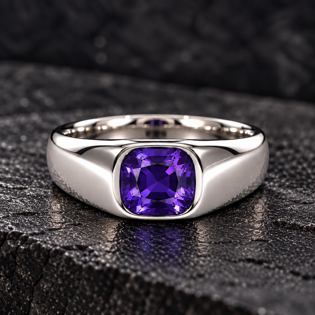 Men's 925 Silver ring with genuine 7 mm cushion-cut purple sapphire in a polished bezel setting, now at BSI Jewelry.