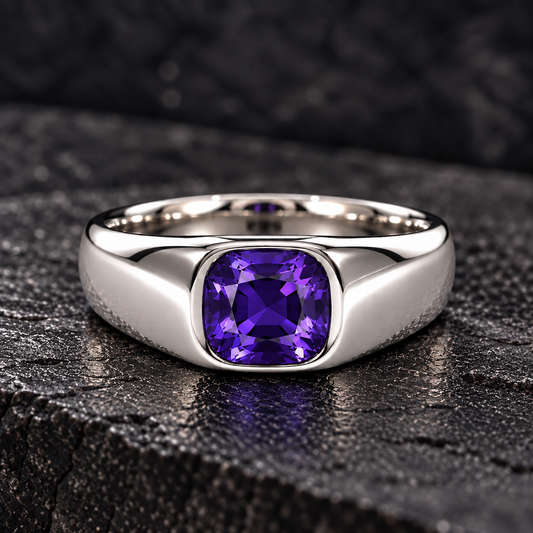 Men's 925 Silver ring with genuine 7 mm cushion-cut purple sapphire in a polished bezel setting, now at BSI Jewelry.
