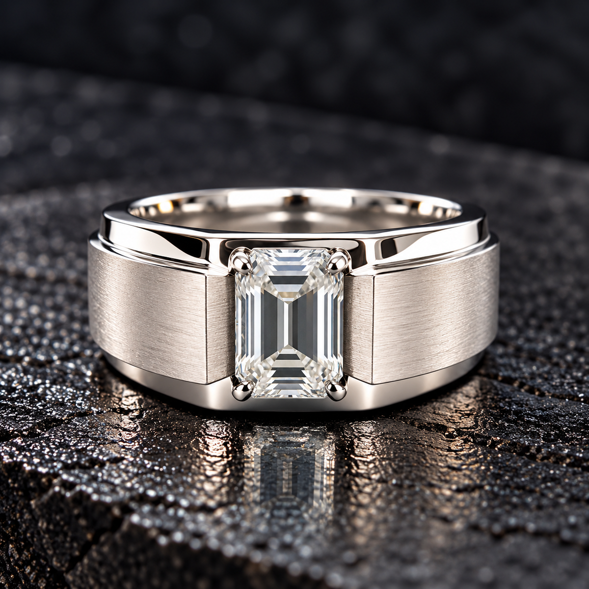 Men's emerald-cut moissanite ring in 925 Silver available at BSI Jewelry
