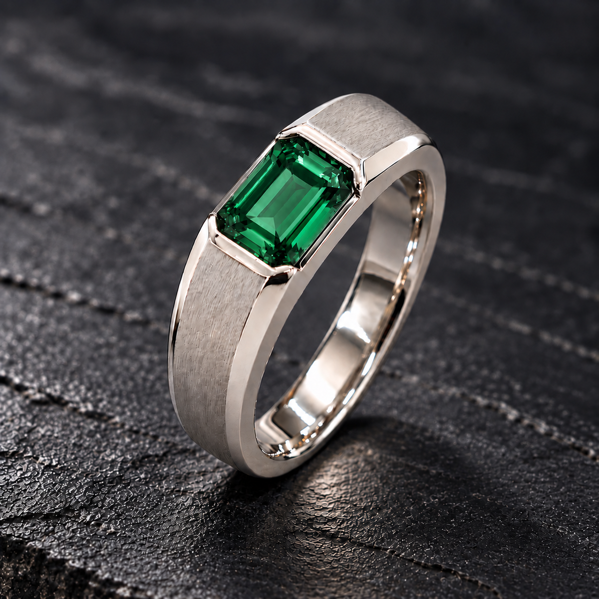 Shop men's Green Sapphire rings in hypoallergenic 925 Silver. Featuring a genuine 7 × 5 mm emerald-cut Green Sapphire with a modern brushed finish by BSI Jewelry.