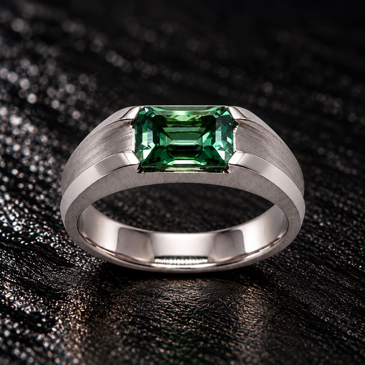 Shop men’s Green Sapphire rings in hypoallergenic 925 Silver. Featuring a genuine emerald-cut Green Sapphire with a modern brushed finish by BSI Jewelry.