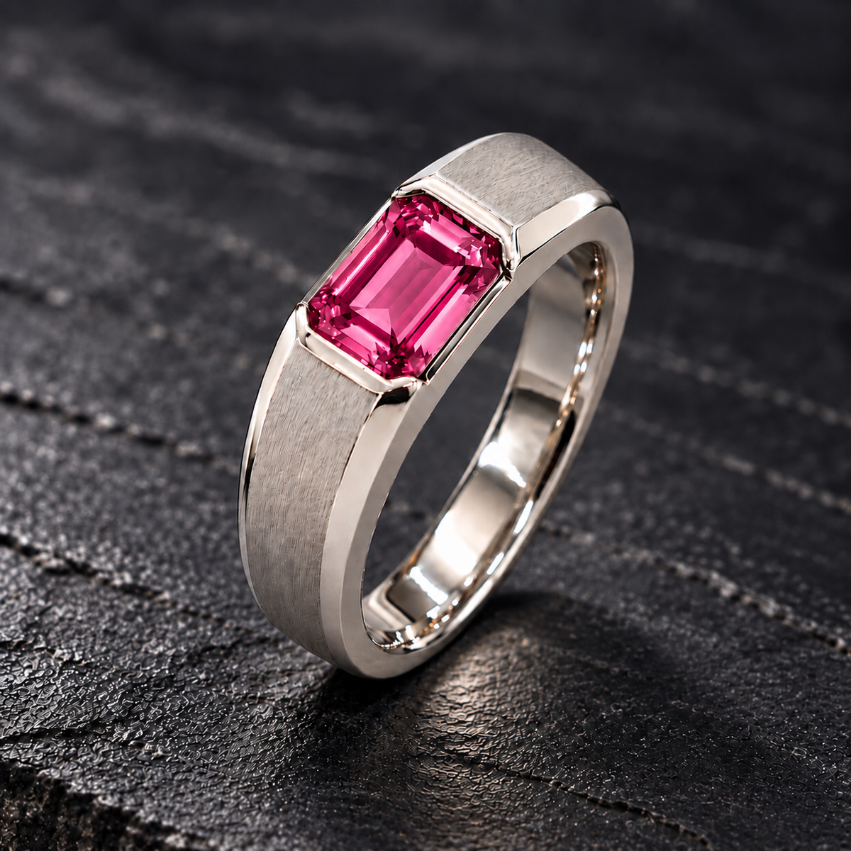 Shop men's Pink Sapphire rings in hypoallergenic 925 Silver. Featuring a genuine 7 × 5 mm emerald-cut Pink Sapphire with a modern brushed finish by BSI Jewelry.