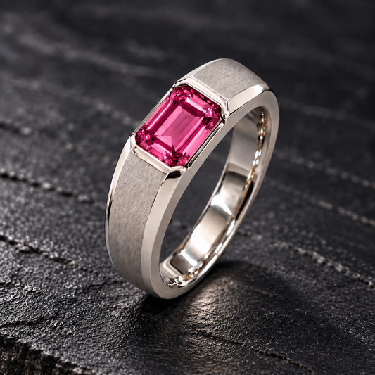 Shop men's Pink Sapphire rings in hypoallergenic 925 Silver. Featuring a genuine 7 × 5 mm emerald-cut Pink Sapphire with a modern brushed finish by BSI Jewelry.