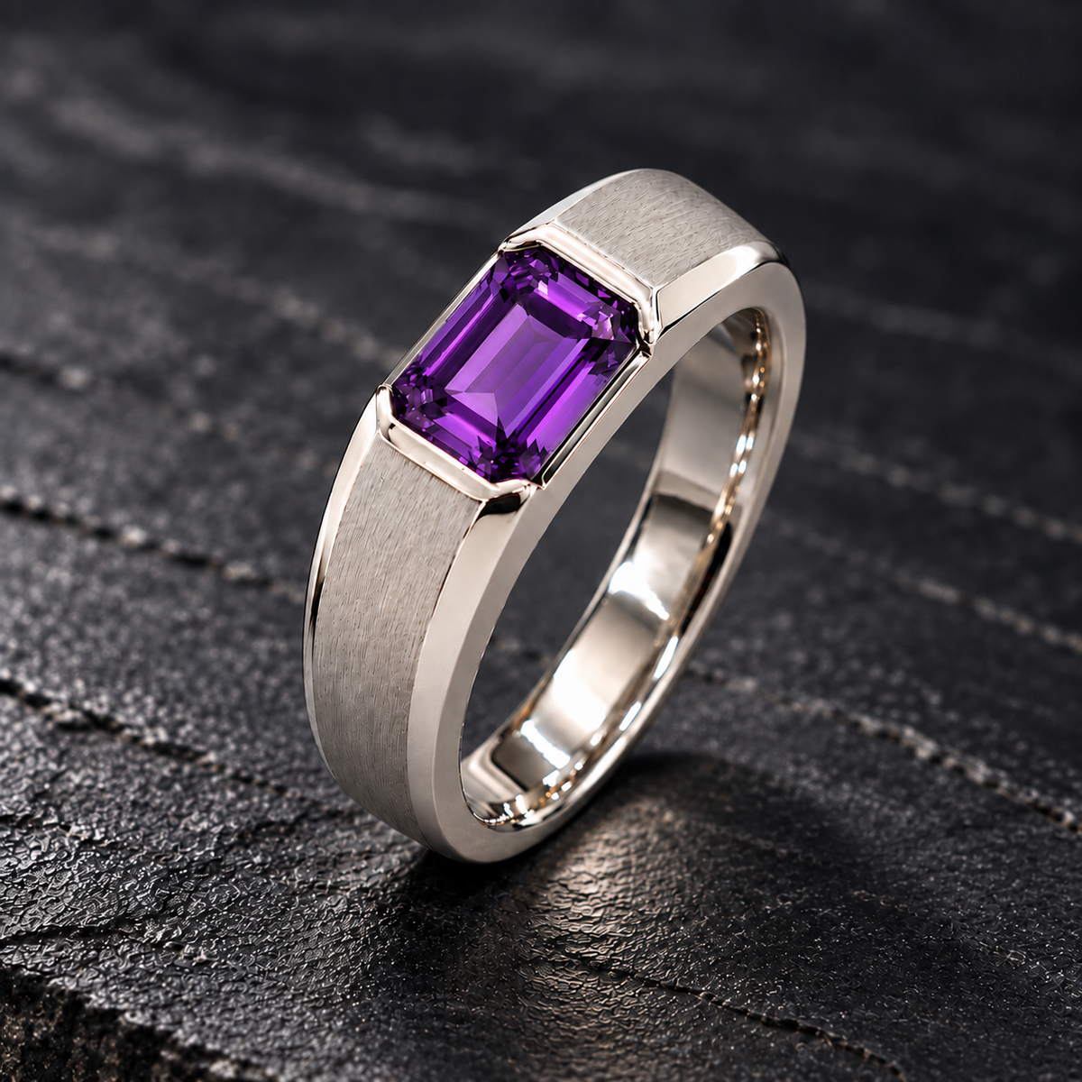 Shop men's Purple Sapphire rings in hypoallergenic 925 Silver. Featuring a genuine 7 × 5 mm emerald-cut Purple Sapphire with a modern brushed finish by BSI Jewelry.