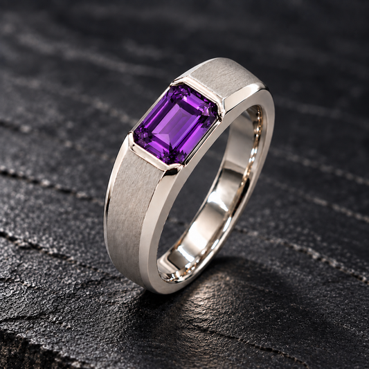 Shop men's Purple Sapphire rings in hypoallergenic 925 Silver. Featuring a genuine 7 × 5 mm emerald-cut Purple Sapphire with a modern brushed finish by BSI Jewelry.