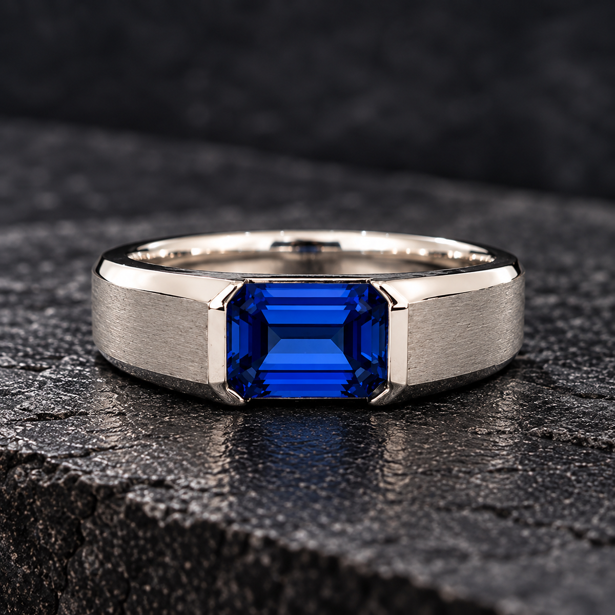 Shop men's Sapphire rings in hypoallergenic 925 Silver. Featuring a genuine 7 × 5 mm emerald-cut Sapphire with a modern brushed finish by BSI Jewelry.